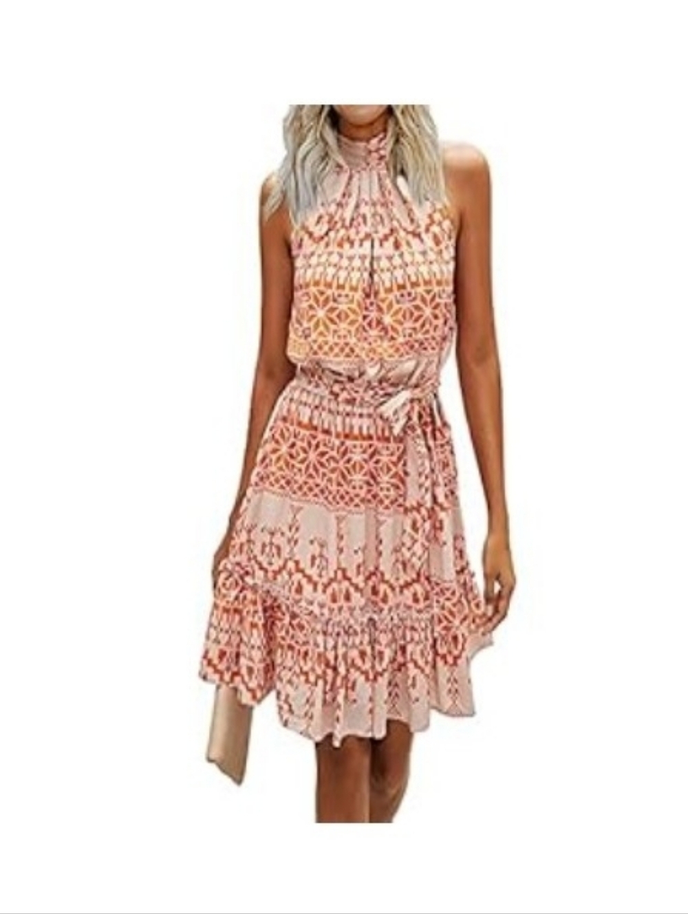 Sleeveless Orange Patterned Halter Dress